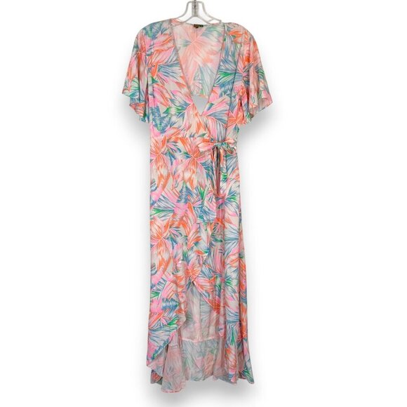 Farm Rio Maxi Dress Pink Orange Blue Hawaiian Wrap High Low Open Back Medium - Picture 3 of 13